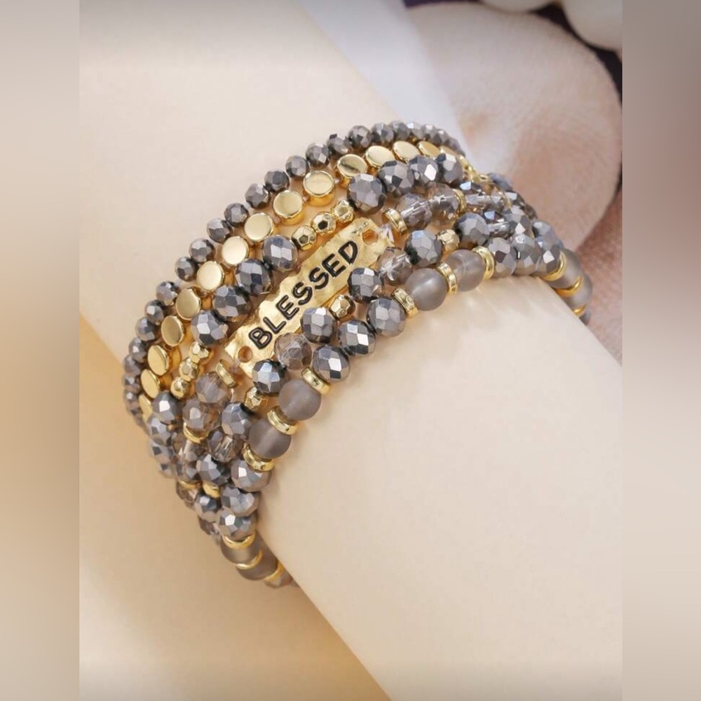 Blessed Beaded Stretch Bracelet Stack Set | Gray & Gold | Boho Inspirational | - Picture 2 of 3